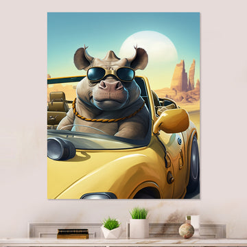 Grey Rhino Wearing Sunglasses In Sportscar - Rhino Wall Decor